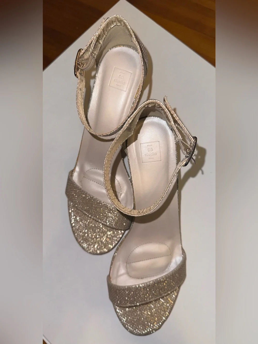 David's Bridal Gold Glitter Ankle-Strap Block Heel Sandals - Picture 2 of 13